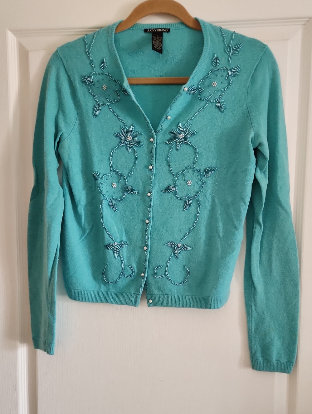 Lucky Brand Turquoise Floral Beaded Button Cardigan